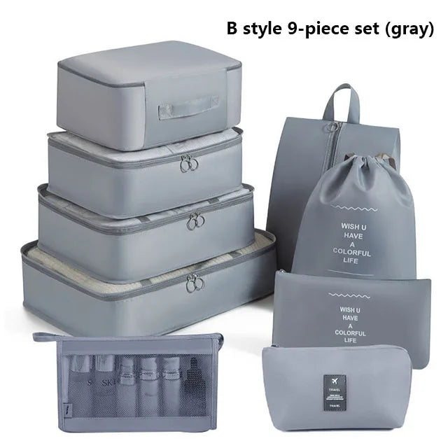 9Pcs Travel Packing Cubes Set Waterproof Luggage Organizer with Drawstring Pouches for Clothes Shoes Cosmetics Underwear - Suitc