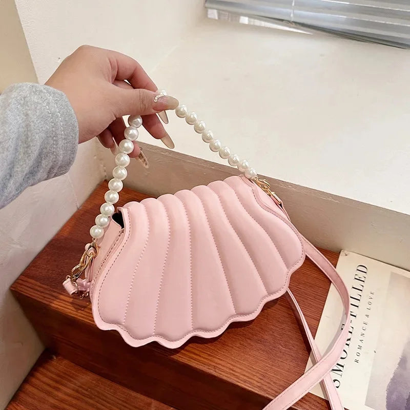 Durable Cute Shell Shoulder Bag Minimalist with Pearls Design Crossbody Bag PU Leather Pearl Decorated Handbag for Women Girls