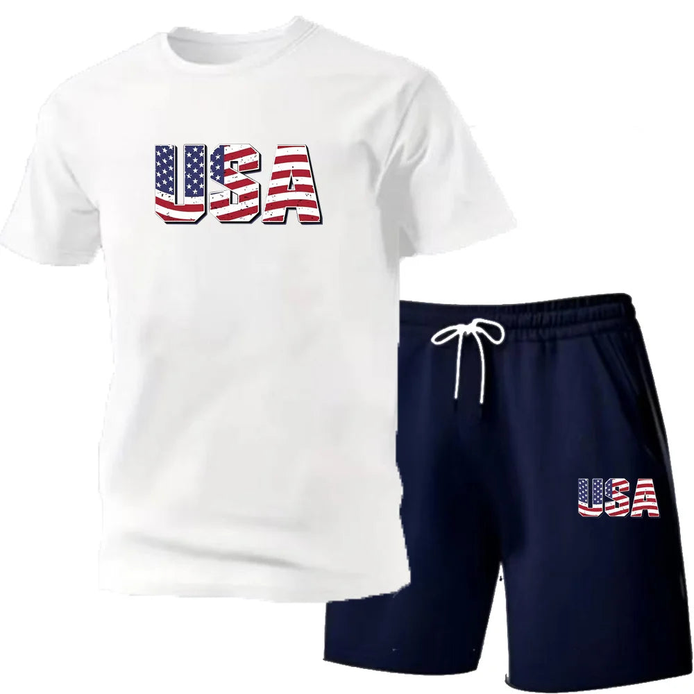 Men's new street fashion casual outdoor T-shirt shorts two-piece set 2026 men's summer outdoor sports breathable set