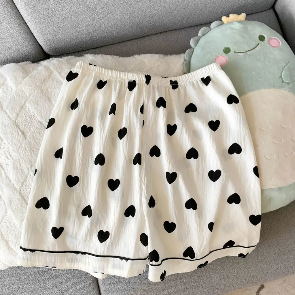 Women's Summer Thin Pajamas with Heart-Shaped Pattern, Short-Sleeved Shorts, Sweet and Cute, Can Be Worn Outside in Summer, Two-Piece Home Wear Set