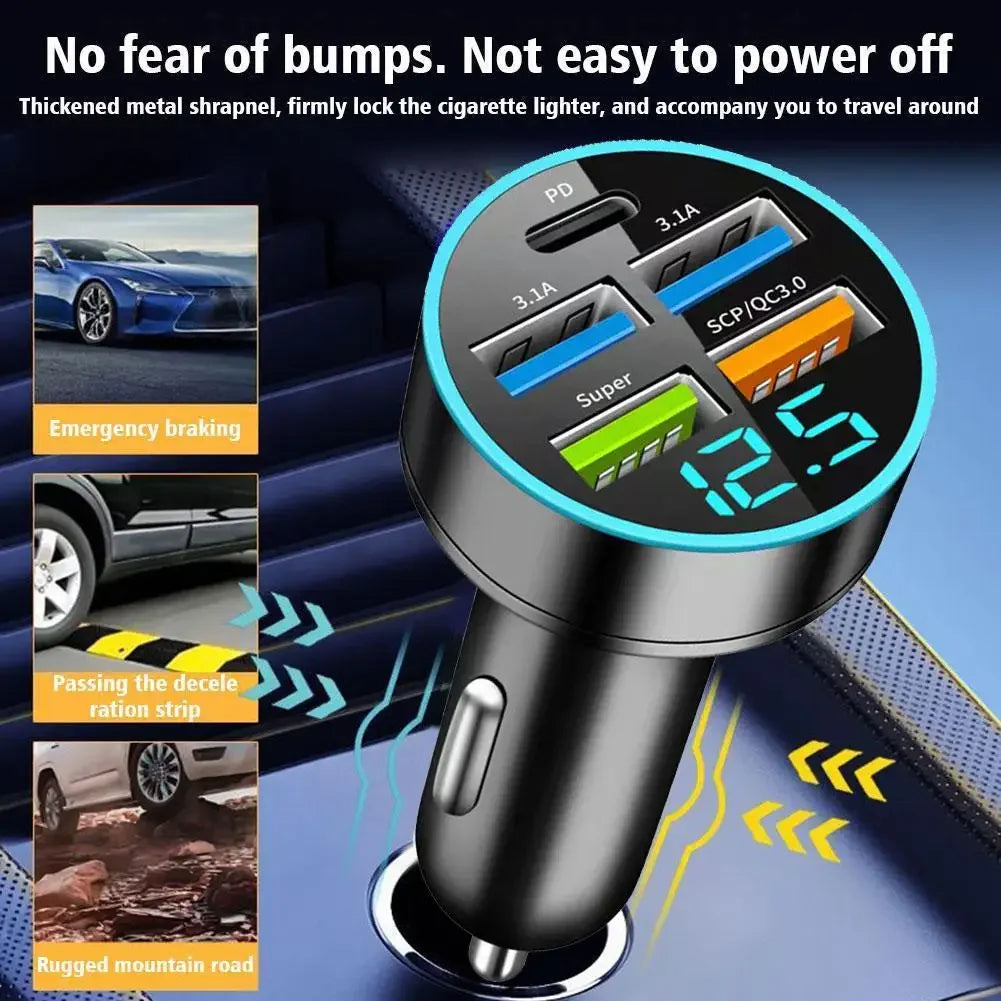 250W PD Car Charger QC3.0 Fast Charge One to Six Car Cigarette Lighter Plug 5 Port Car Charger Flash Charge with Digital Display