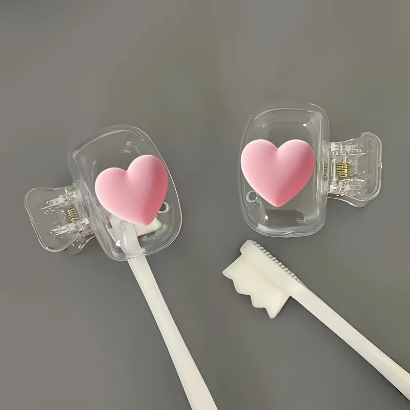 2pcs Pink Heart Toothbrush Holder Clips Home Portable Travel Toothbrush Protective Cap Storage Box Protection Clip Cover Gifts