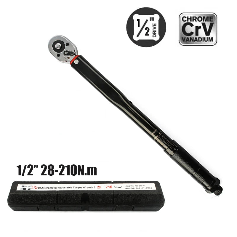 10-210/28-210N.m Torque Wrench 1/2” Precise Reversible Ratchet Torques Key Professional Bicycle Motorcycle Car Automotive Tool