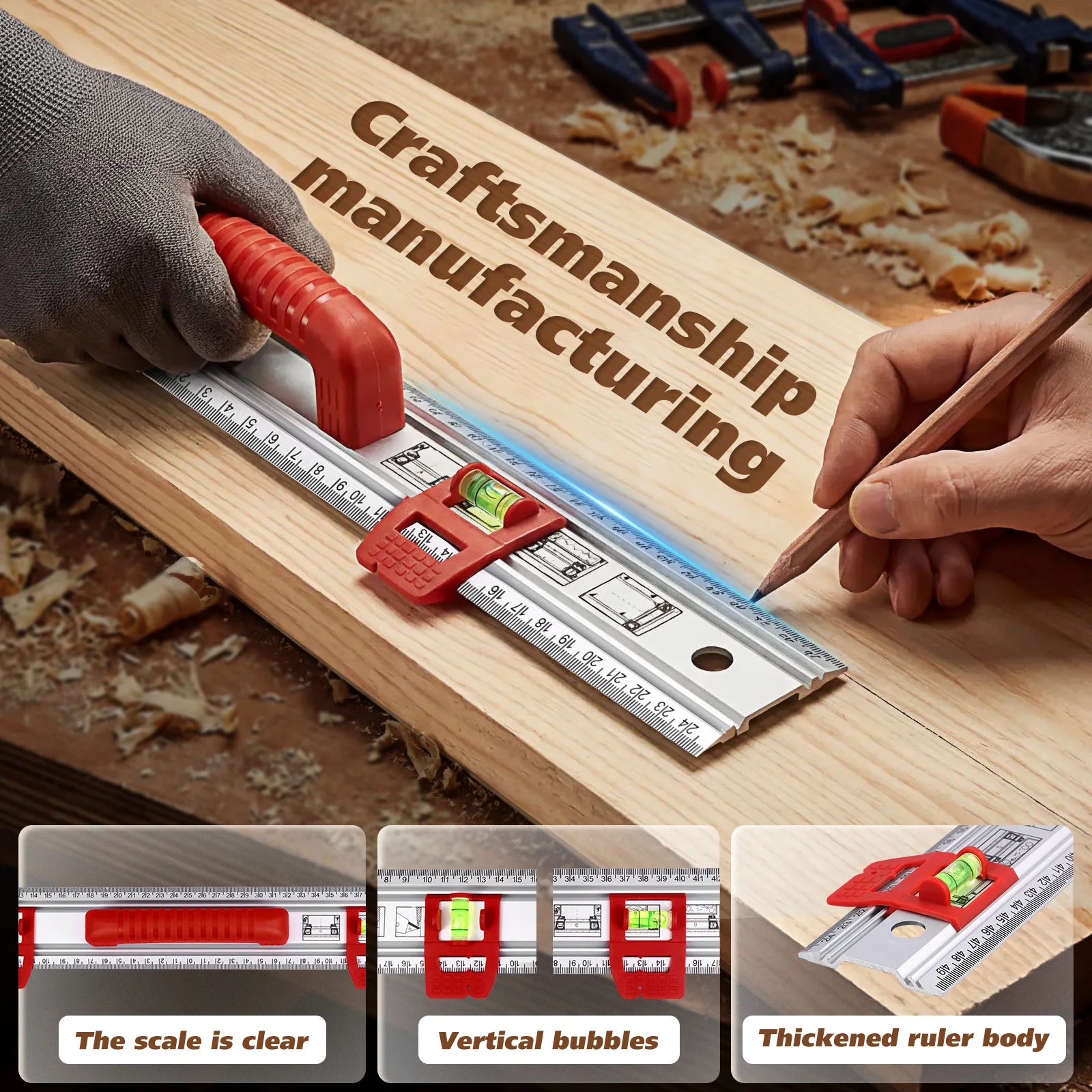 Aluminum Alloy Level Ruler Marking Layout Ruler Multifunctional Sliding Guide Marking Rulers with 2 Spirit Level for Woodworking