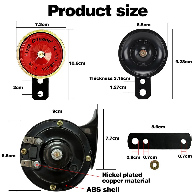 12V 24V 48V 60V Electric Car Scooter eBike Universal Motorcycle Snail Round Super Loud Waterproof Horn Kit 105DB 110DB Speakers