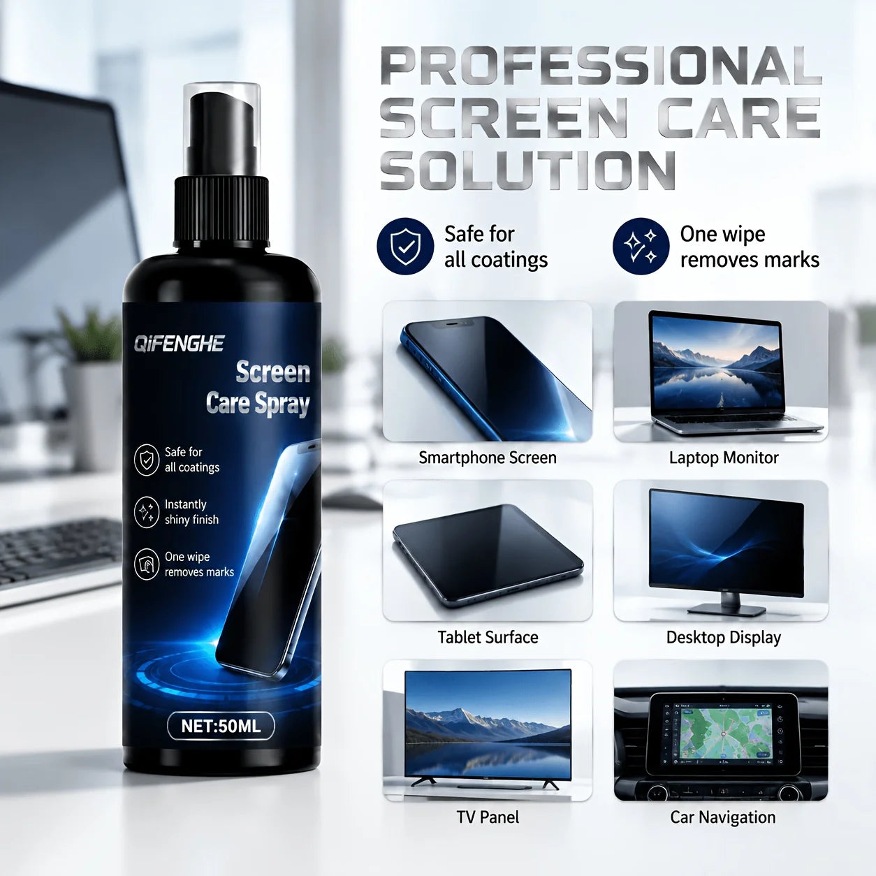 Screen Care Spray 50Ml 1.7 Fl Oz for Phone Laptop Tablet TV Monitor Car Gaming Multi Surface Streak Free Quick Clean Removes Fin