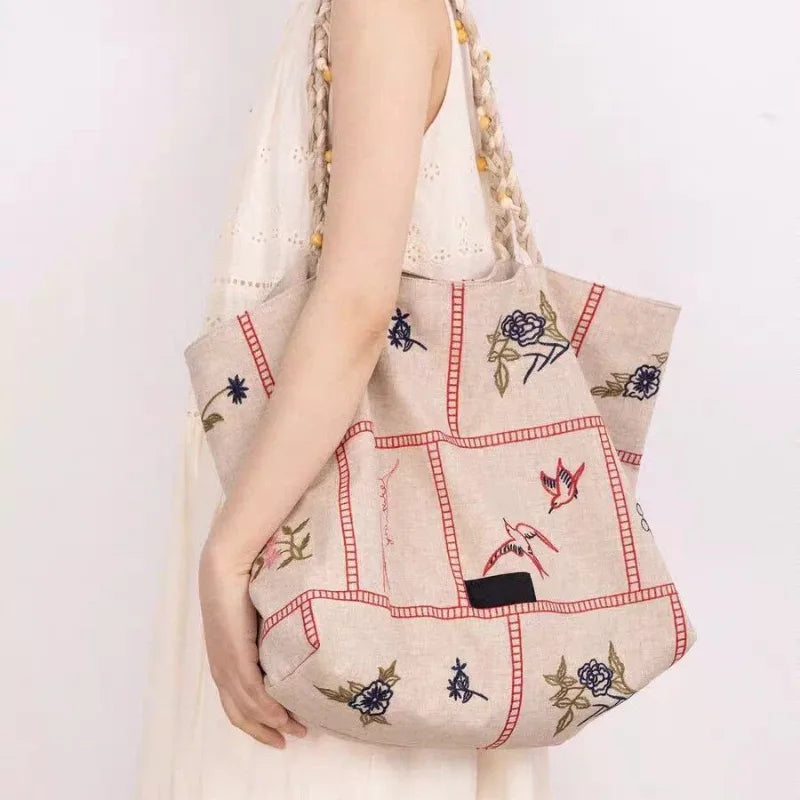 2026 New Unique Floral Bird Embroidery Linen Tote Bag Large Capacity Women Vacation Shoulder Handbag
