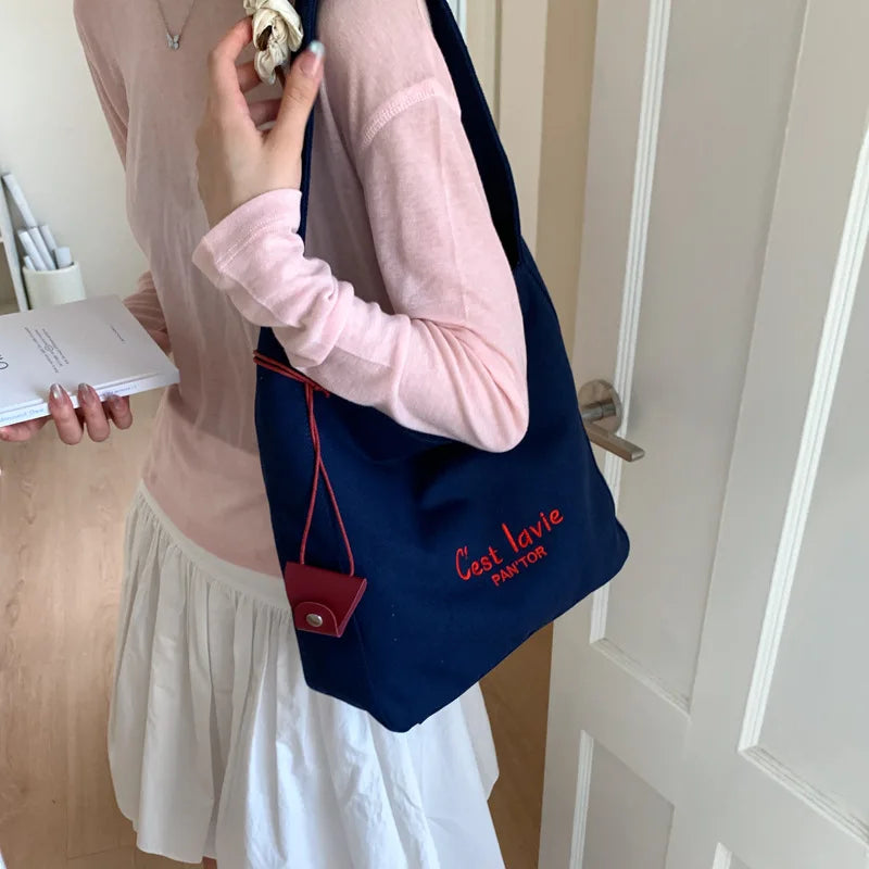 2026 Summer New Korean Style Canvas Casual Fashionable Tote Bags Single Shoulder Large Capacity Tote Shopping Bags for Leisure