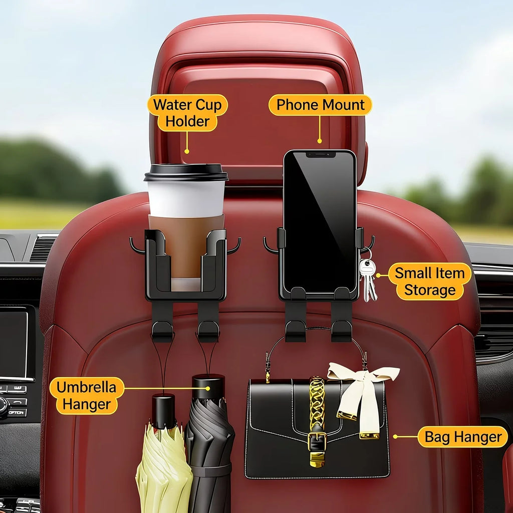 A 2-piece multi-functional car seat back storage bag, including a cup holder, a phone stand and a hook.