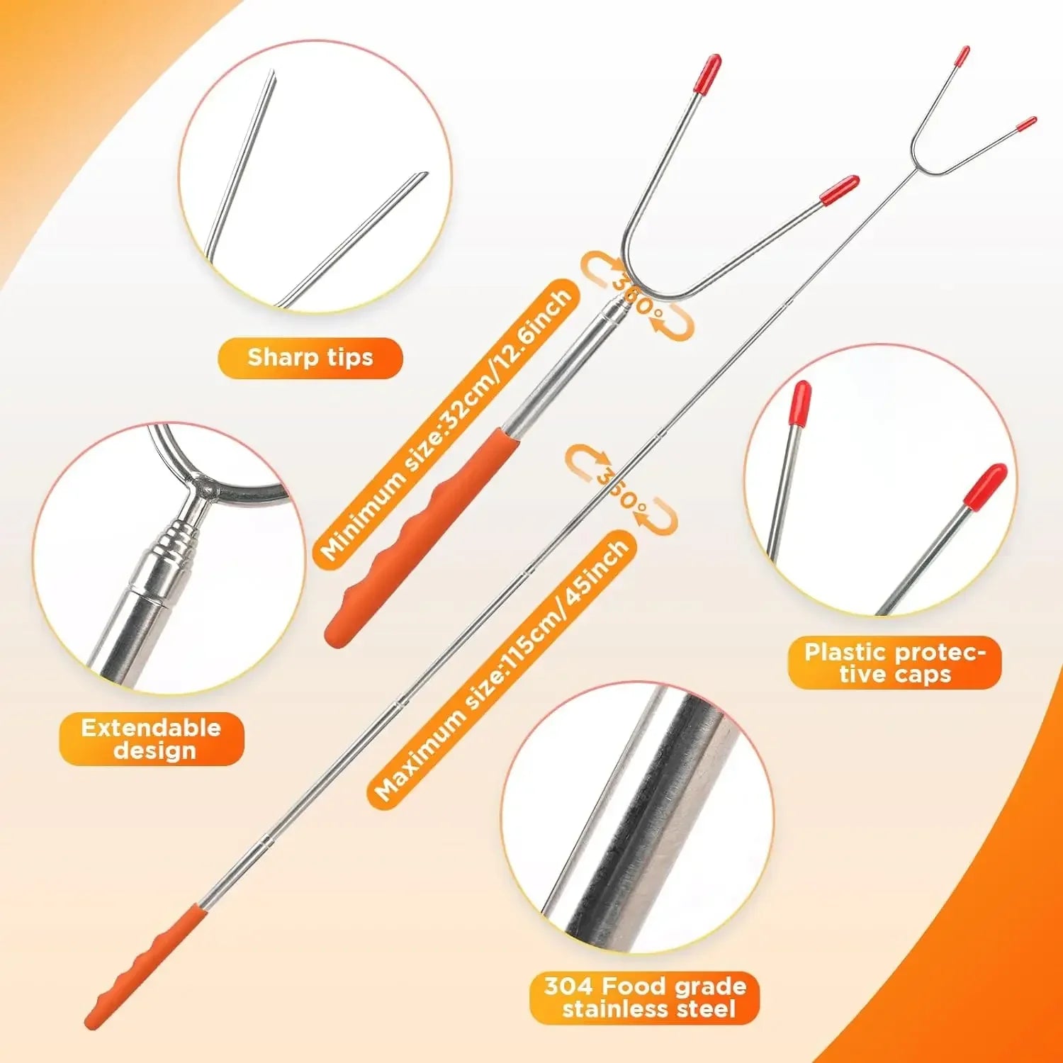 New 6pcs Stainless Steel Extendable Hot Dog Sausages Skewers Barbecue Tools Telescopic BBQ Forks Marshmallows Roasting Sticks