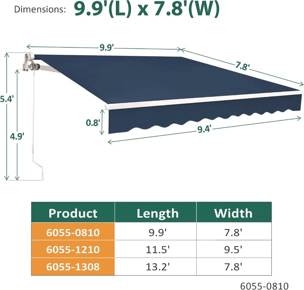 9.9x7.8FT Manual Retractable Patio Awning Sunshade Canopy Dark Blue