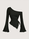 Women's V-neck plain-color drawstring casual comfortable large-size T-shirt