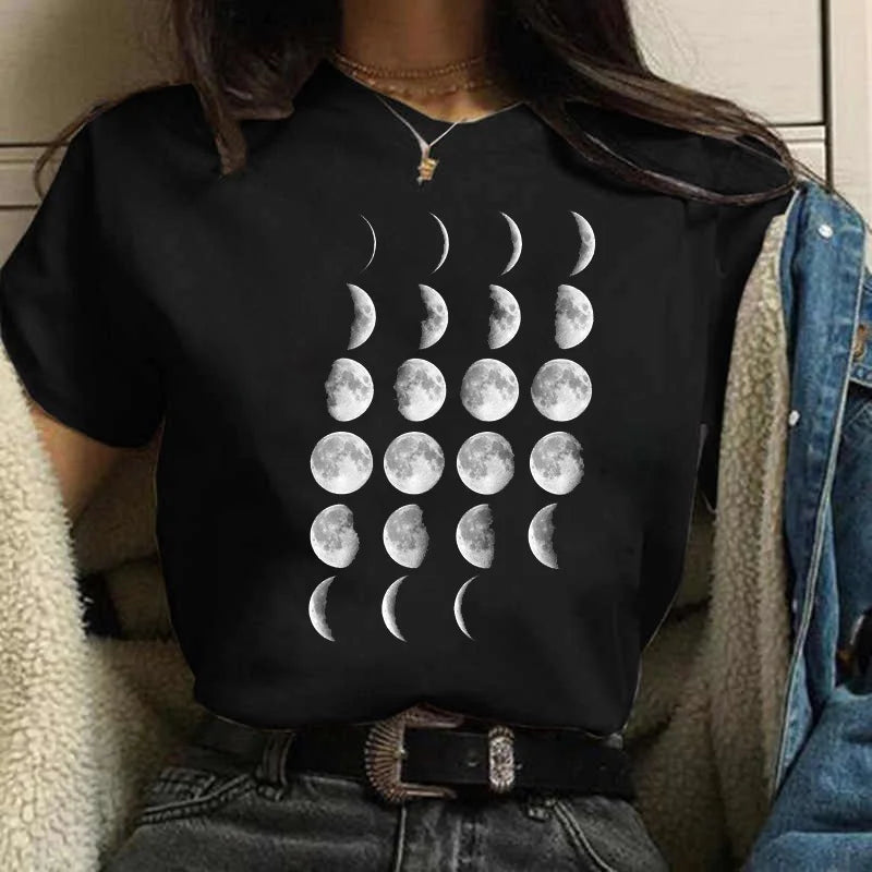 New Fashion Black Tops Funny Female T-shirt Casual Tee Woman Clothes Y2k Cute Tops Moon PrintWomen Harajuku Summer T Shirt Girl