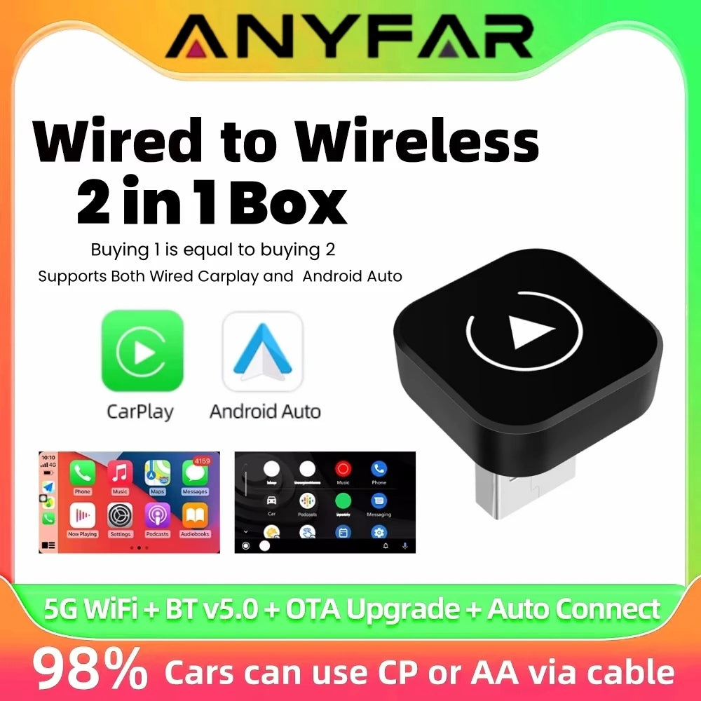 Wireless CarPlay Adapter for iPhone and Android Auto 2-in-1 USB Adapter 5.8GHz WiFi automatic connection wired to wireless