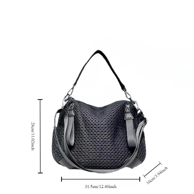 Fashionable neutral mesh spliced nylon shoulder bag, large capacity, lightweight and casual handbag
