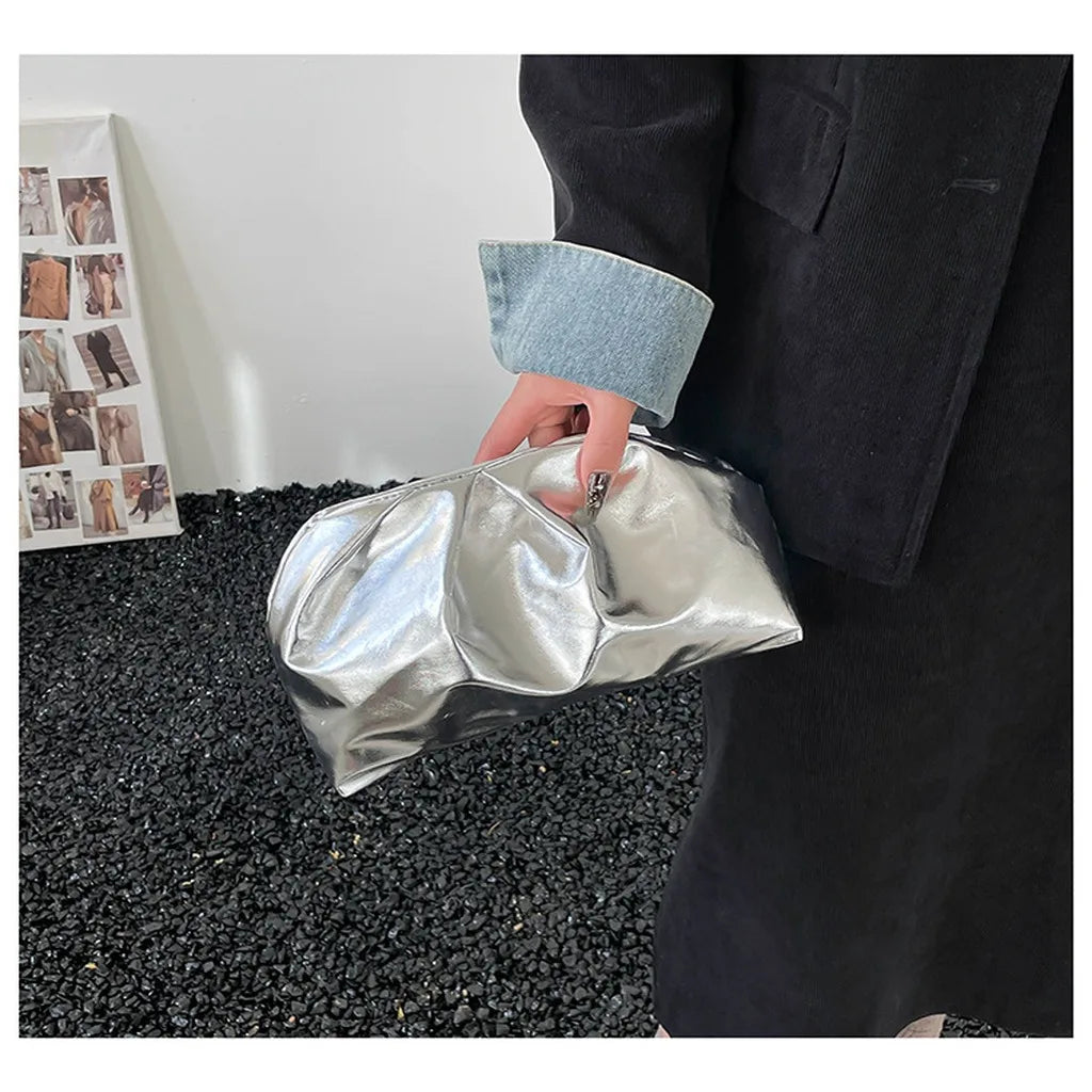 Women's Fashion Cloud Dumpling Bag PU Leather Ruched Handbag Minimalist Shoulder Crossbody Clutch Trendy Portable Underarm Bag