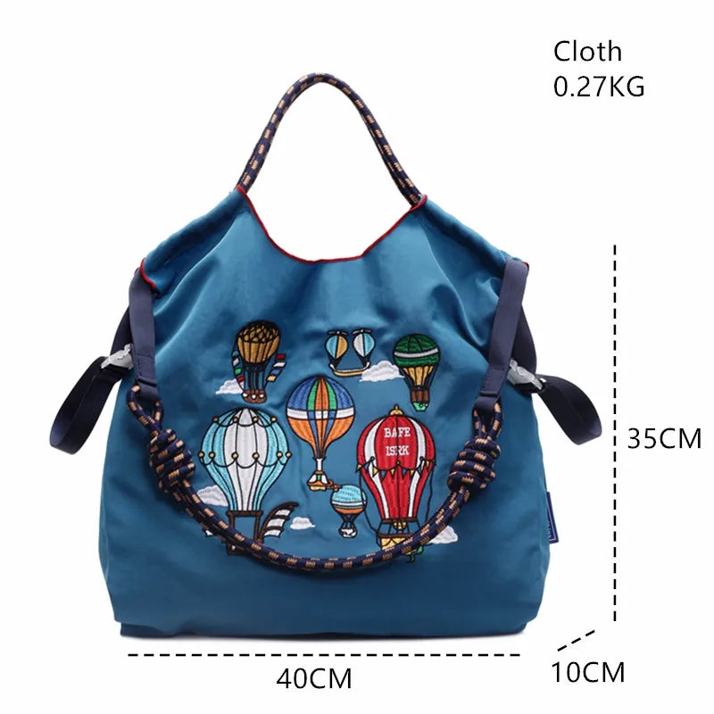 Fashion Embroidered Hot Air Balloon Pattern Large Capacity Lady Canvas Bag New Drawstring Shopping Handbag Thin Style Canvas Bag