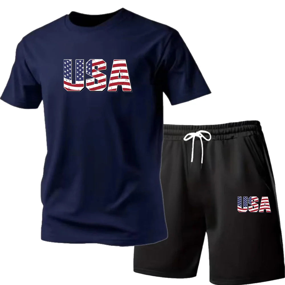 Men's new street fashion casual outdoor T-shirt shorts two-piece set 2026 men's summer outdoor sports breathable set