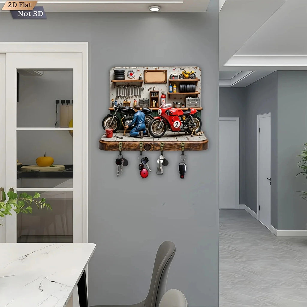 2D Flat, 1pc,  Motorcycle Repair Themed Key Hook, Wooden Multifunctional Home Key Rack, with Four Metal Hooks, Wall Decoration,