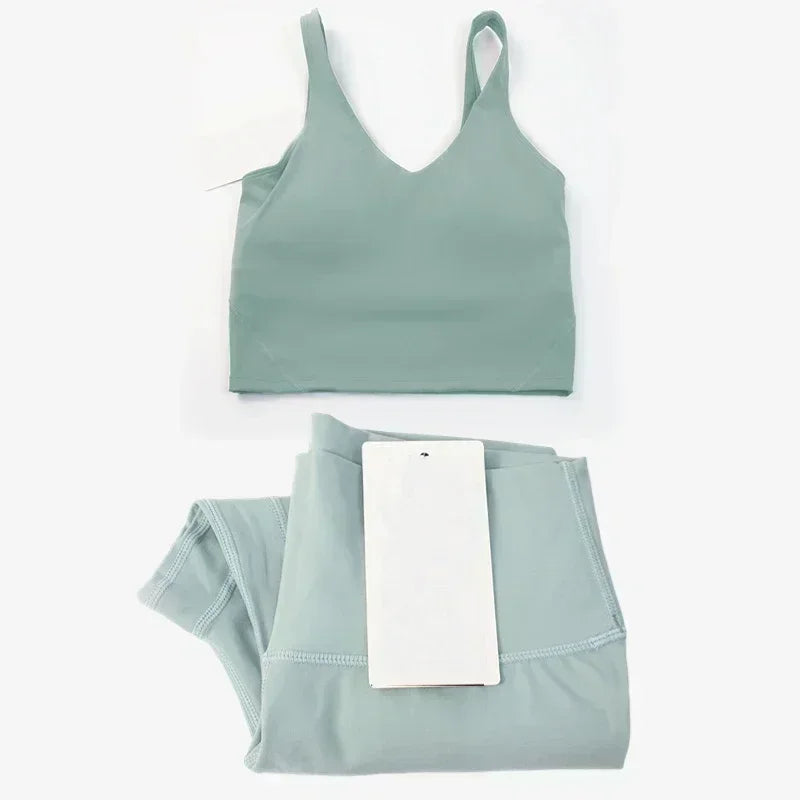 Classic women's 2-piece yoga outfit: U-shaped camisole top & high-waisted nude-feel leggings, suitable for fitness and workout.