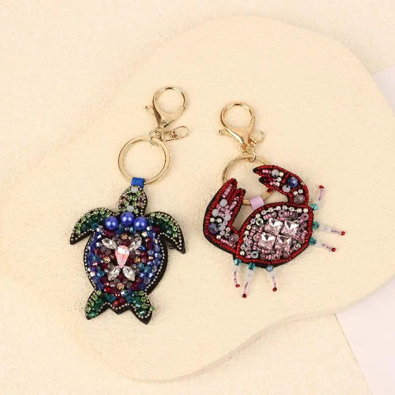 B*1Pc Rhinestone Lobster Beaded Pendant Pretty Hand Sewn Bag Charms Crab Shells Turtle Hanging Rope Patches Applique Bag Lanyard