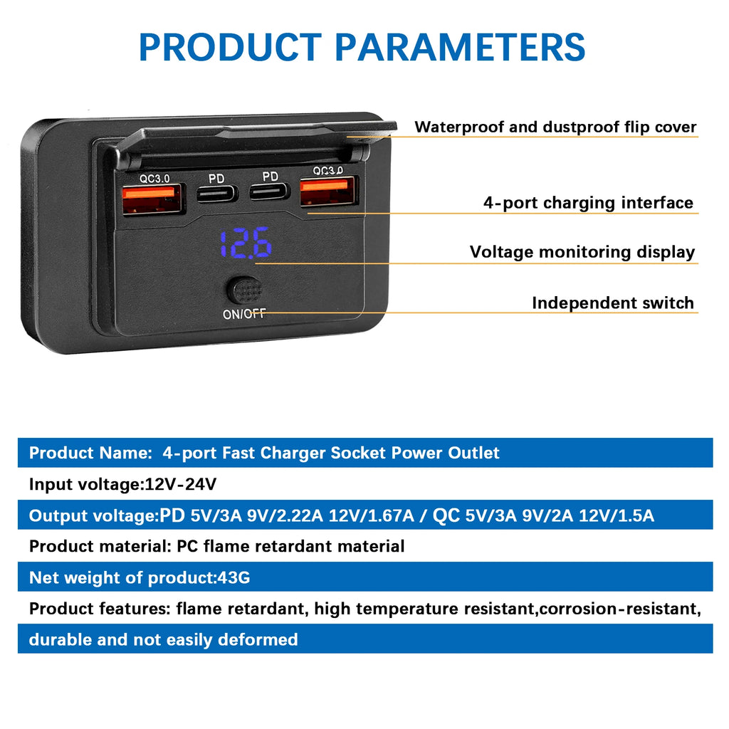12V/24V Car Dual USB PD Port Charger Power Adapter PD QC3.0 Car Charger Socket Mobile Phone Charging Outlet Panel Universal