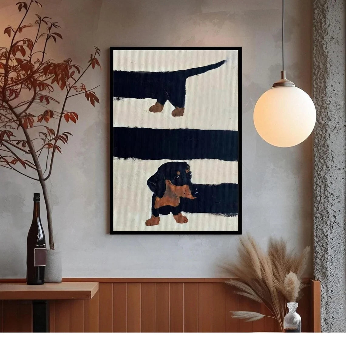 Playful Mid-Century Dog Wall Art - Textured Impasto Print of Curious Dachshunds, Blending Clean Geometric Lines with Warm Earth