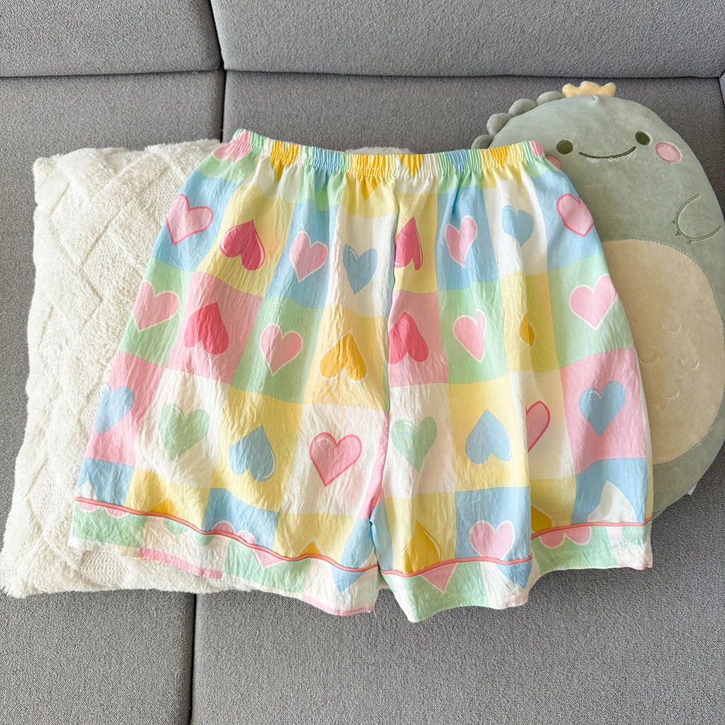 Women's Summer Thin Pajamas with Plaid Heart-Shaped Pattern, Short-Sleeved Shorts, Sweet and Cute, Can Be Worn Outside in Summer, Two-Piece Home Wear Set