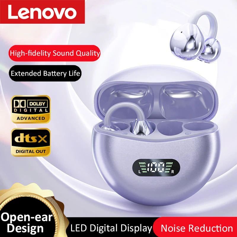 Lenovo Open Ear Clip On Headphones Wireless TWS Earbuds Noise Reduction Low Latency LED Display for Sports Running Gaming