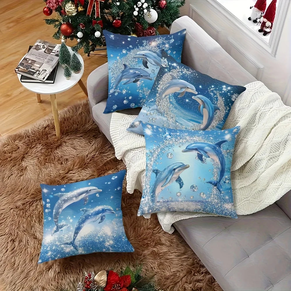 4pcs Linen Pillow Covers 45x45cm Dolphin Ocean Print Cushion Cases Blue Sparkle Bubbles for Sofa Bed Decor Zipper Closure
