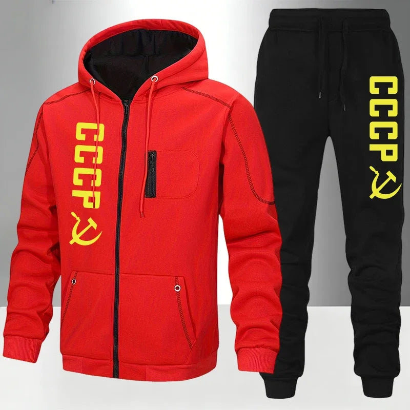 Men's Set/Coat/Pants CCCP Fashion Tracksuit Zipper Hooded Coat & Sweatpants Fall Winter Daily Casual Sports Jogger Sportswear