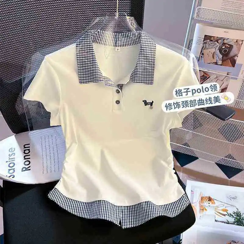 Summer Women's New Loose Casual Commuting Style Pattern Spliced Turn-down Collar Plus Size Short Sleeve T-shirt