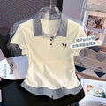 Summer Women's New Loose Casual Commuting Style Pattern Spliced Turn-down Collar Plus Size Short Sleeve T-shirt