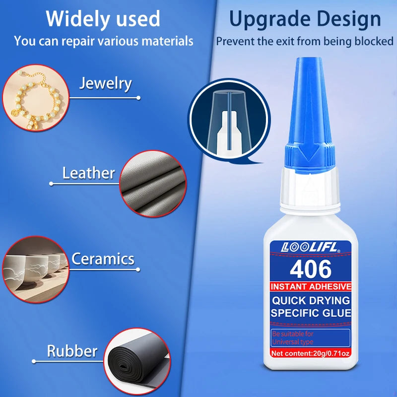 Brand-new upgraded 406 super cyanoacrylate glue, instant drying in 5 seconds, waterproof, stable and versatile bonding tool.