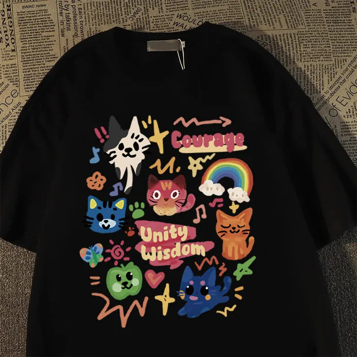 Summer Japanese Cute Child-fun Cat Printed Short-sleeved T-shirt for Ladies and Boys Same Loose Casual Large-size Top