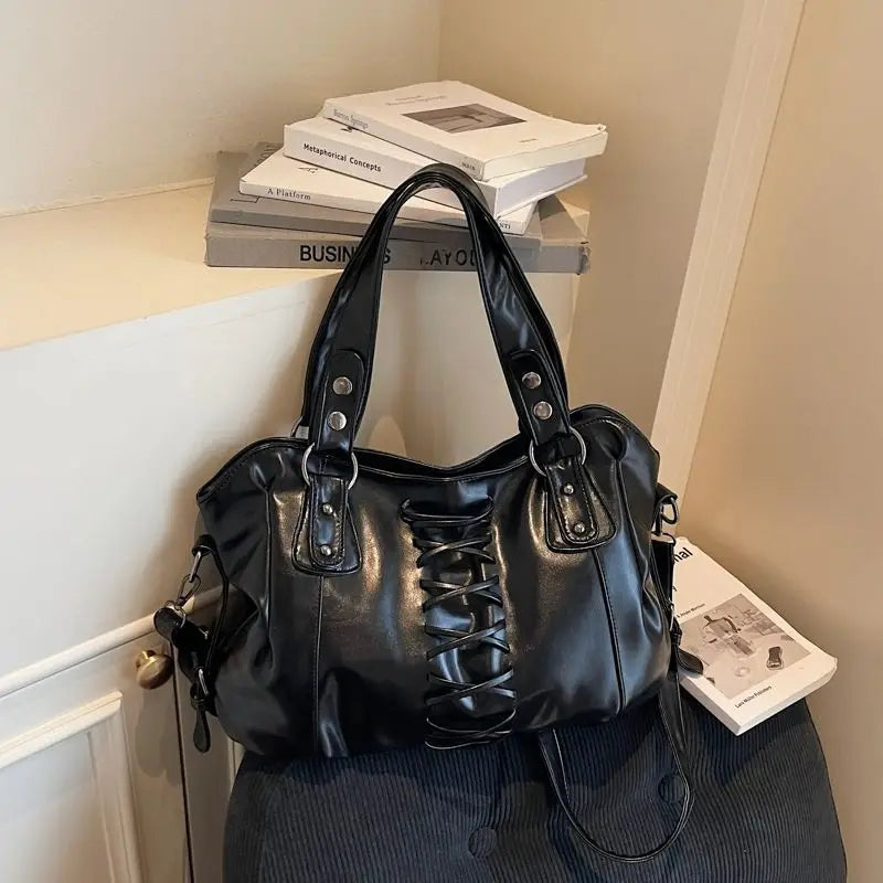 Vintage American Y2k PU Leather Crisscross Straps Large-capacity Handbag Crossbody Bag Tote Bags Storage Bag Woman Bags