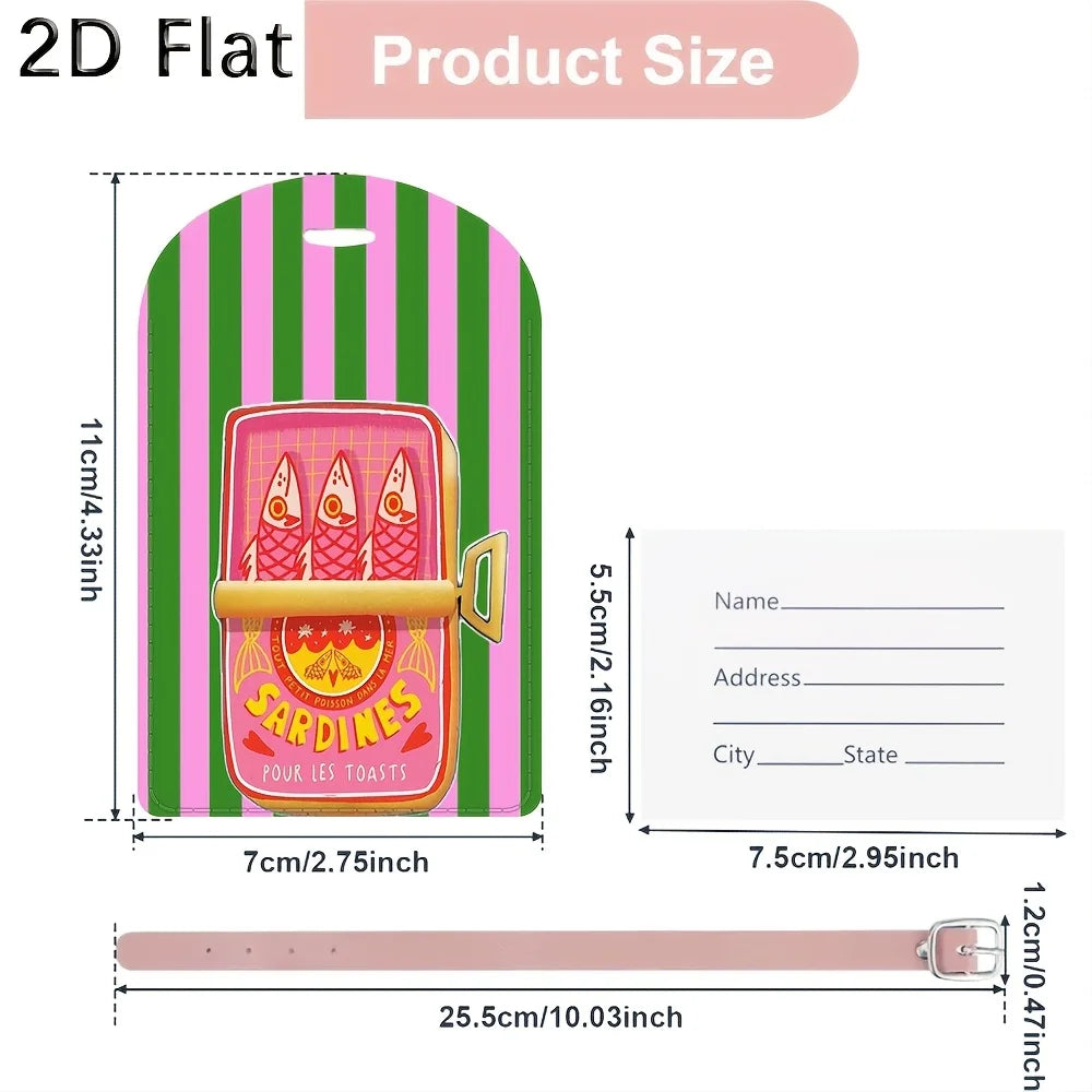 Luggage Tag with Sardine Can Print Pink Green Striped Travel Baggage Label for Suitcase Luggage Identifier Bag Tag Accessories