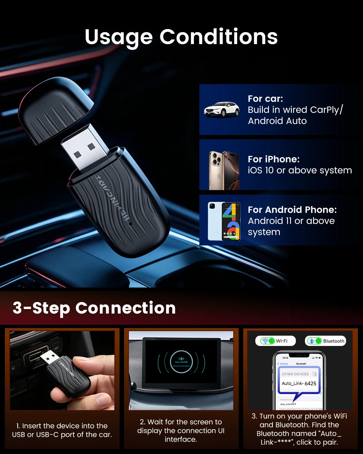 HEYINCAR 2-in-1 Wired to Wireless CarPlay Adapter Plug and Play CarPlay Box Android Auto Adapter Fast Connect Wifi BT Connect