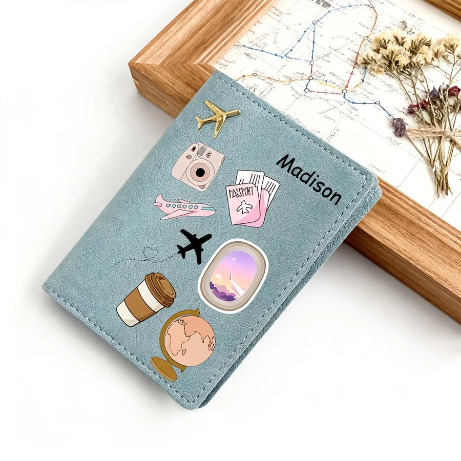 Personalized Name Text Custom PU Passport Holder, Cartoon Pattern Designed Passport Case, Faux Leather Scratch-Resistant