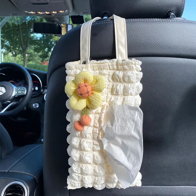 1PCS Cute 3D Flower Car Headrest Tissue Box, Seat Back Hanging Napkin Holder, Bubble Cloth Car Interior Vehicle Decor Accessory