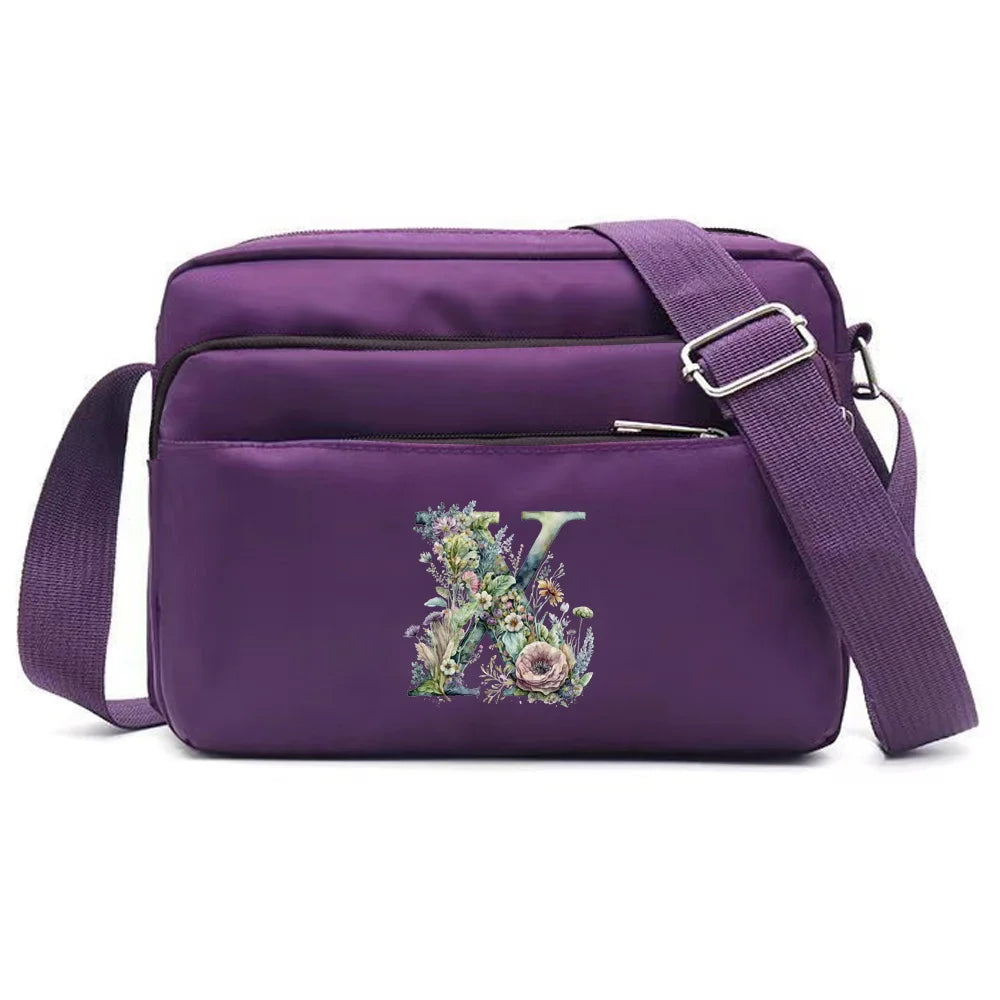 Leisure Purple One Shoulder Crossbody Bag Portable Commuting Large Capacity Floral Letter Series Printing Pattern Storage Bag