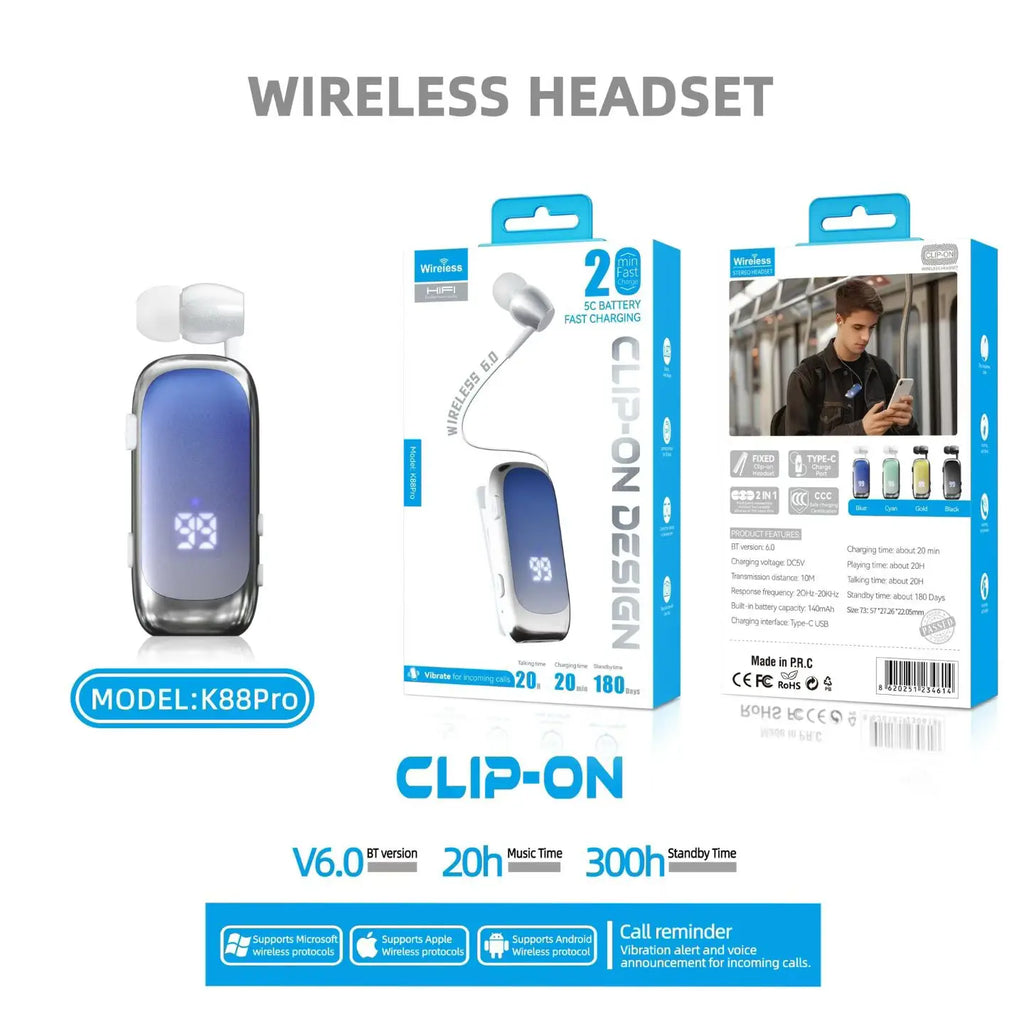 2026 K88pro Hebrew V6.0 Bluetooth Clip on Headset Mini Business Headphones Wireless Earphone Lotus Earbud Handsfree 20H Working