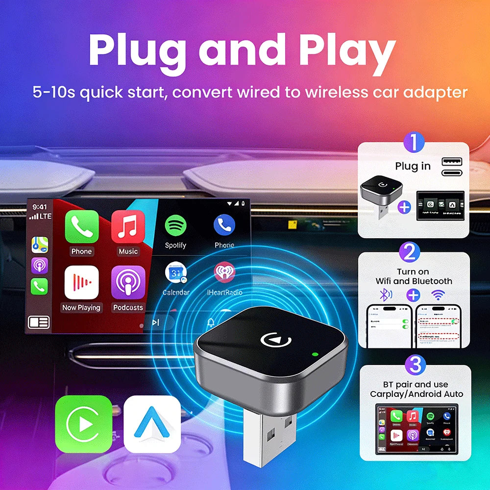 2026 Wireless CarPlay for iPhone & Android, 2-in-1 Plug and Play Converts Wired to Wireless CarPlay Android Auto, Fast Auto-Conn