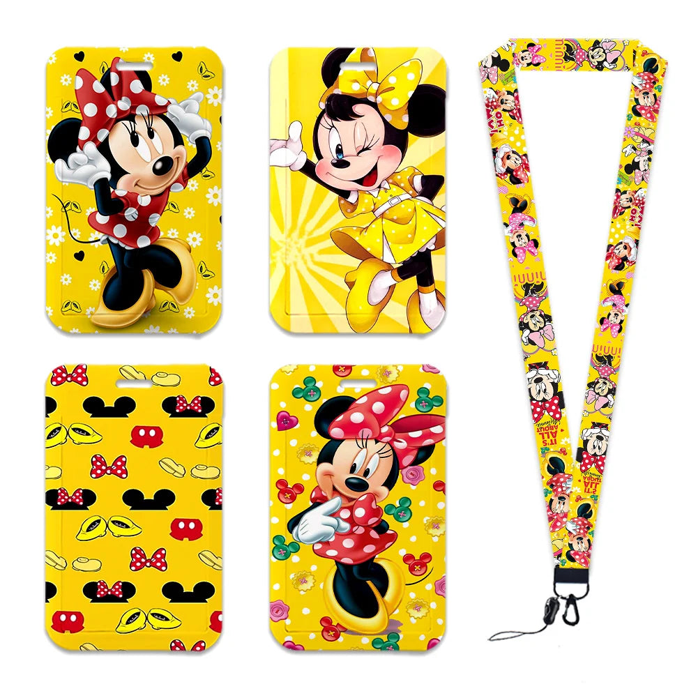 Disney Yellow Series Mickey Minnie Card Holder Work Permit Name Badge with Keychains Student Id Card Lanyard Holder Accessories