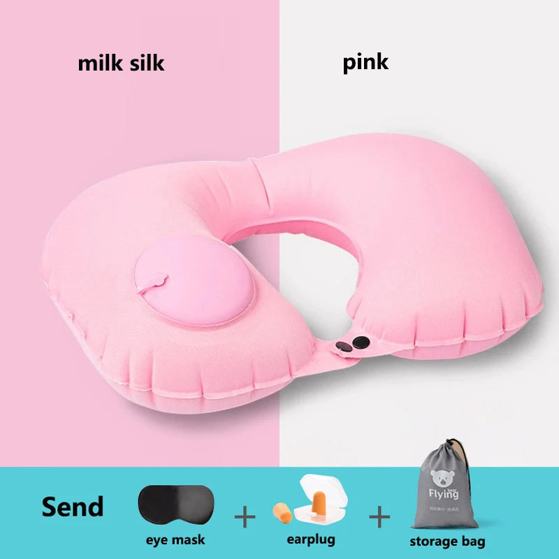 New Outdoor Camping Inflatable U-shape Pillow Comfort Neck Support Milk Silk & Flocked Travel Pillow for Car Plane And Home Use