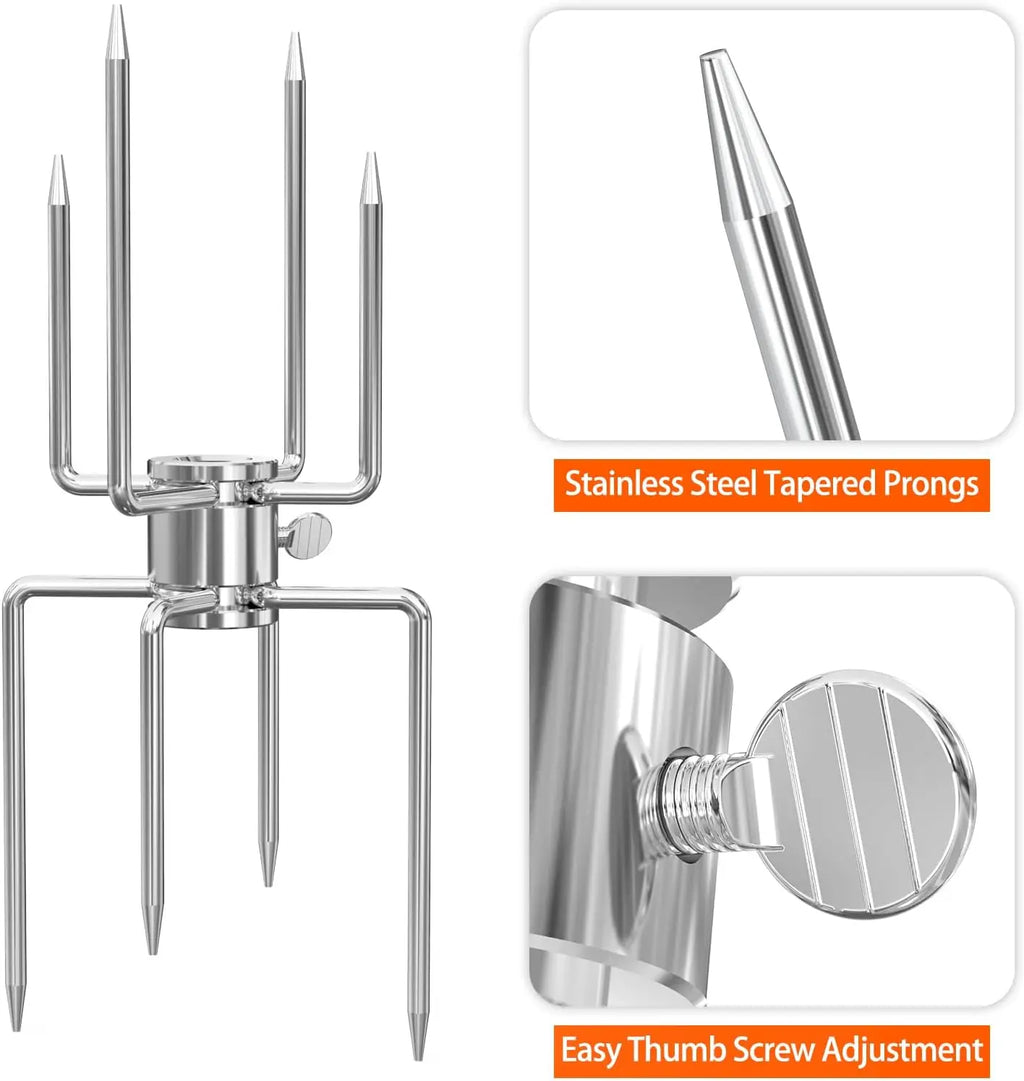 Double Sided Rotisserie Fork 304 Stainless Steel 4 Prong BBQ Grill Skewer 5/16 Spit Rod Outdoor Roasting Camping Meat Tool
