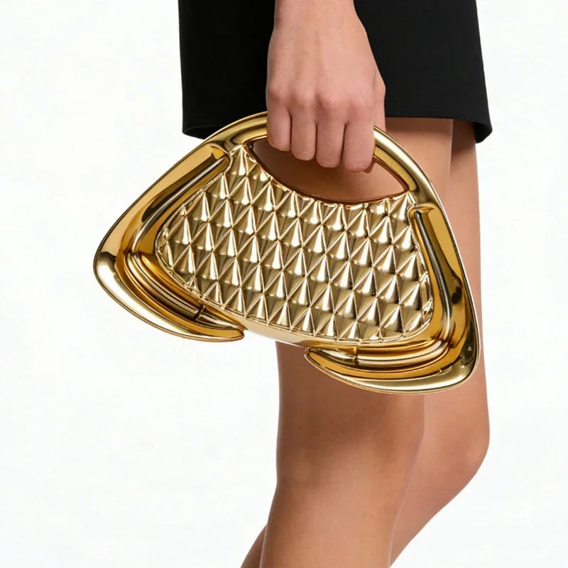 Hardware Metal Frame Clutch Bag Evening Party Purse Geometric Mesh Grid Trapezoid Shape Chain Shoulder Bag Glamorous Handbag