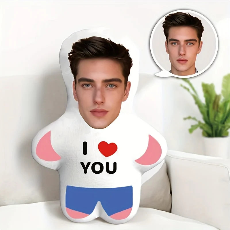 Customized 'I Love You' Mini Plush Doll Personalized Photo Pillow, Perfect Couple Gift, Soft Polyester