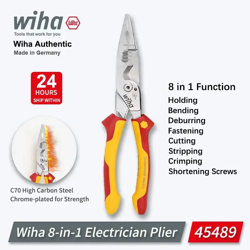 Wiha 45489 Multifunctional 8-in-1 Industrial Electrician Insulated Wire Strippers Pointed Crimping and Cutting Pliers 1000V VDE