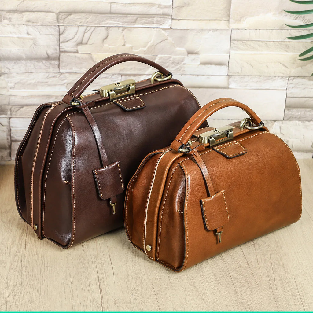 CONTACT'S Genuine Leather Doctor Bags for Women Luxury Designer Sling Shoulder Bags Tote Handbags Metal Frame Female Handle Bags